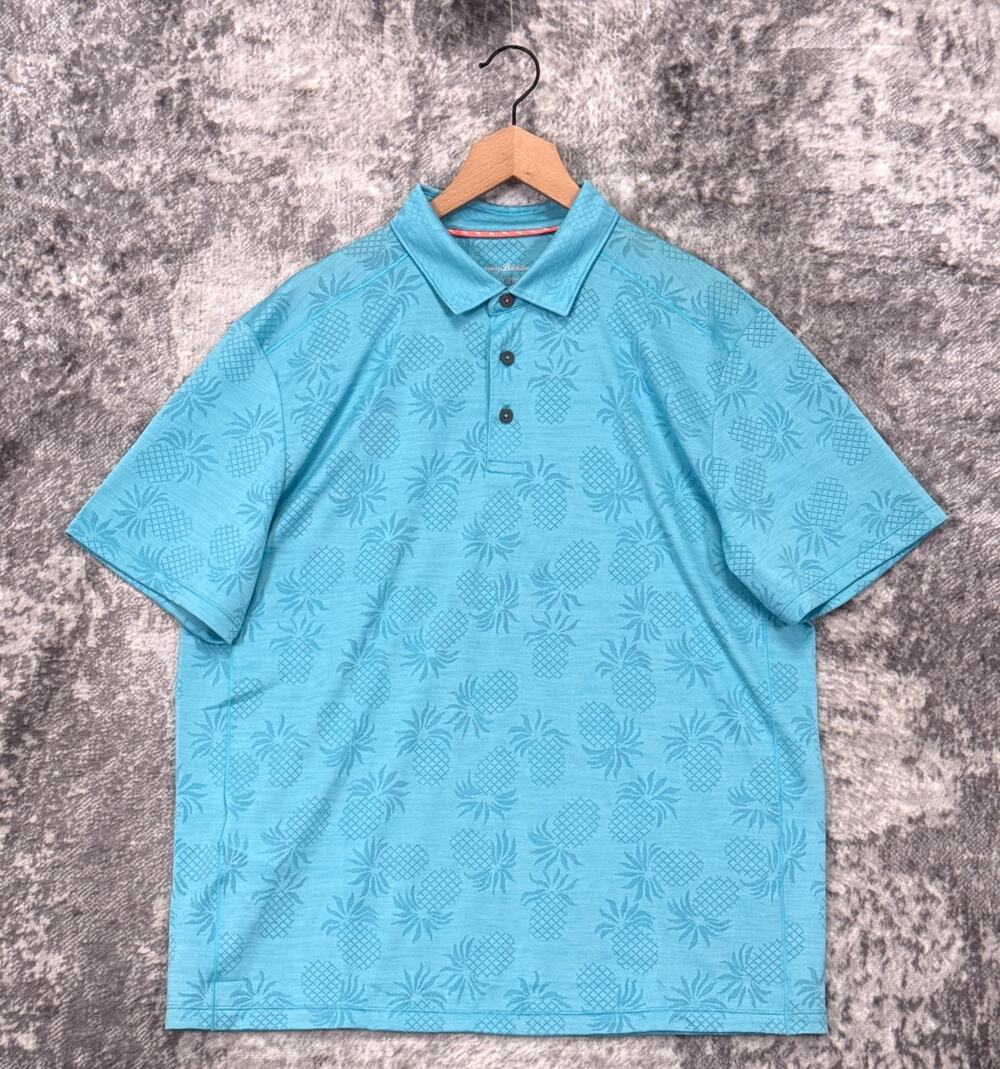 Tommy Bahama Polo Shirt Large Mens IslandZone Blue Pineapple Performance Golf